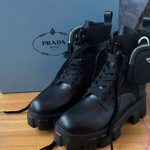 Women's Prada Black Patent Leather Lace-Up Zip Chunky Platform Combat Boots